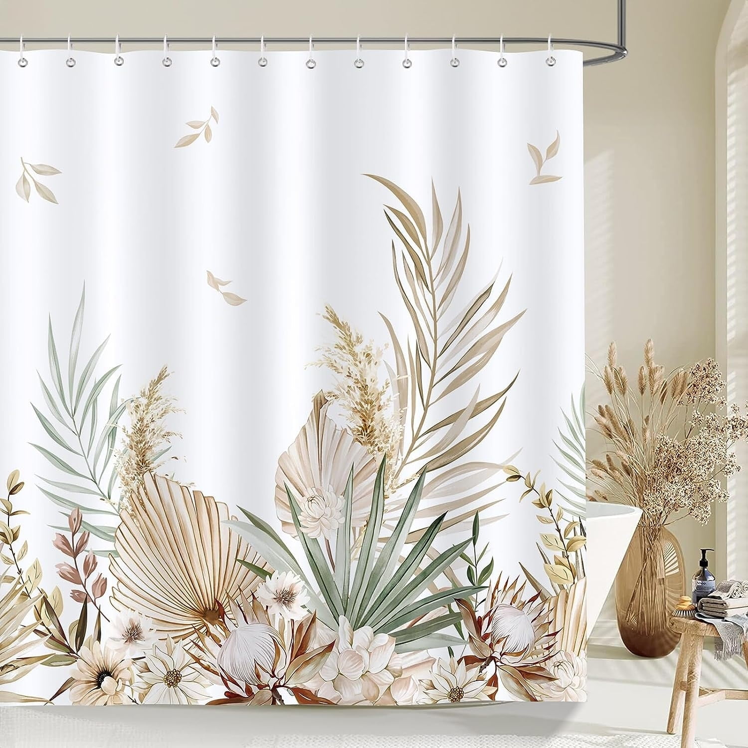 Boho Tropical Leaves White and Beige Polyester Shower Curtain