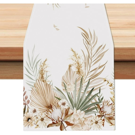 Boho Fall Leaves Table Runner 13x72 Inch Tan Palm Leaf Floral Kitchen Dining Table Decoration for Indoor Outdoor Home Party Decor