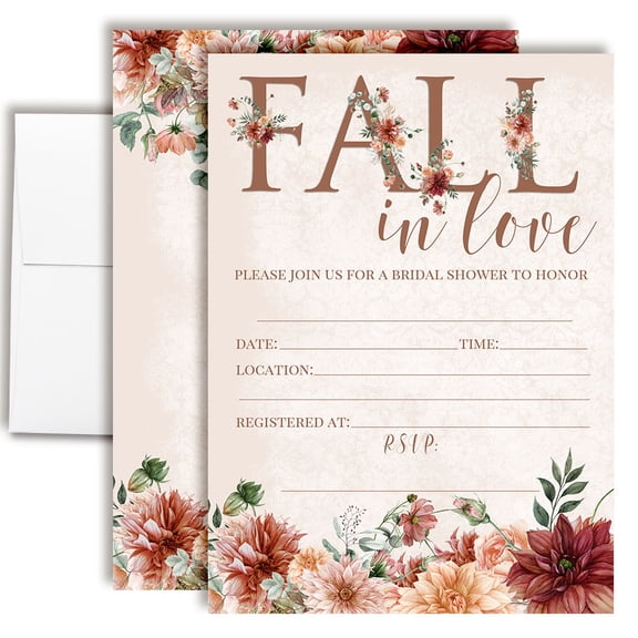 Boho Fall in Love Floral Bridal Shower Invitations, 20 Fill-In Cards with Envelopes, 5x7 Wedding Shower Invitations for Bride, Bridal Party Supplies and Decorations, Made in USA by Amanda Creation