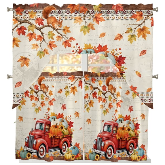 Boho Fall Red Truck Swag Kitchen Curtains Sets for Windows 24 Inch Length, Thanksgiving Autumn Harvest Pumpkins Short Window Curtain Panels Swags Valances and Tiers 3 Piece Set for Cafe/Dining Room