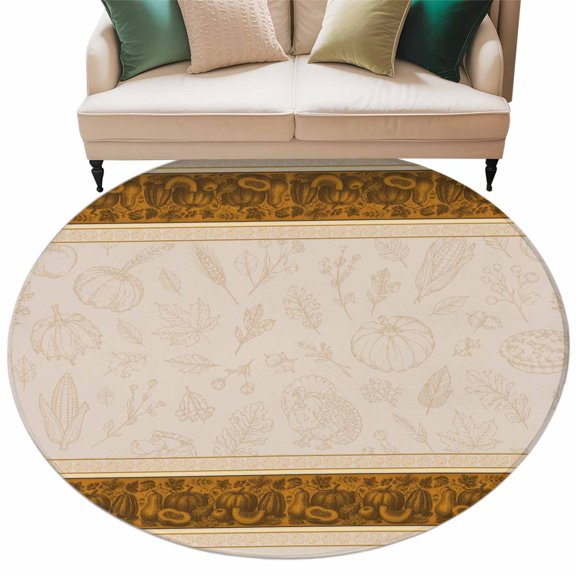 Boho Fall Round Rug 5ft Washable Circle Kitchen Rugs Non Slip Thanksgiving Autumn Pumpkins Leaf Striped Gold Large Area Rug Indoor Floor Carpet for Bedroom Living Room Home Office Dining Room Nursery
