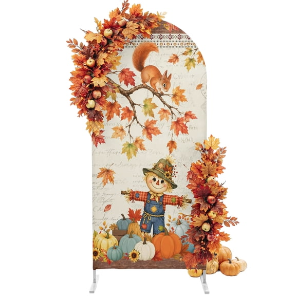 Boho Fall Scarecrows Arch Backdrop Cover 4FT, Thanksgiving Autumn Pumpkins Maple Leaf Spandex Fitted Stretchy Arch Stand Covers, Round Top Chiara Backdrop Cover for Wedding Party Birthday Baby Shower