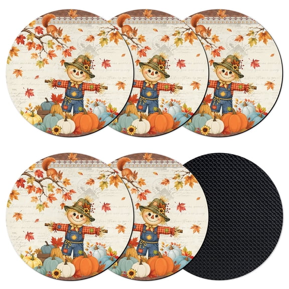 Boho Fall Scarecrows Coasters Set of 6, Absorbent Coasters for Drinks, Thanksgiving Autumn Pumpkins Maple Leaf Coaster for Desk Coffee Table Protection, Home Decor House Warming Gifts 4"