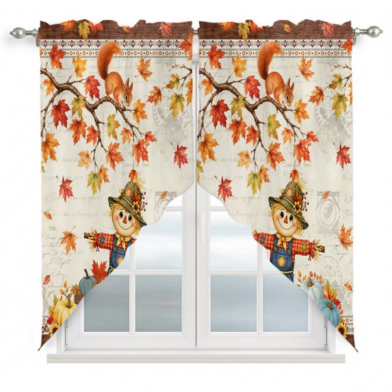 Boho Fall Scarecrows Swag Valances for Windows, Kitchen Window Curtains Over Sink, Thanksgiving Autumn Pumpkins Maple Leaf Window Treatment Curtains for Living Room/Bedroom Curtains 2 Panel 36"x45"
