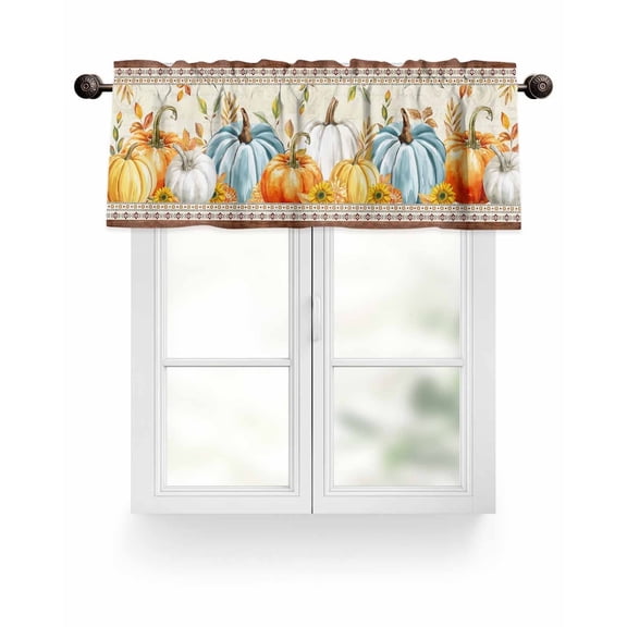 Boho Fall Thanksgiving Kitchen Valances for Windows Orange Blue White Pumpkins Leaves Valance Curtains for Kitchen /Living Room/Bedroom/ Bathroom Decor, 54"x18 " ,Rod Pocket 1 Panel,