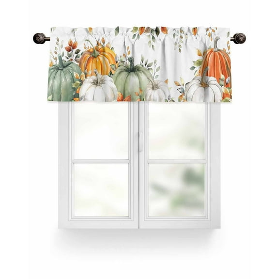 Boho Fall Thanksgiving Kitchen Valances for Windows Orange White Green Pumpkins Leaf Valance Curtains&nbsp; for Kitchen /Living Room/Bedroom/ Bathroom Decor, 54"x18 " ,Rod Pocket 1 Panel,