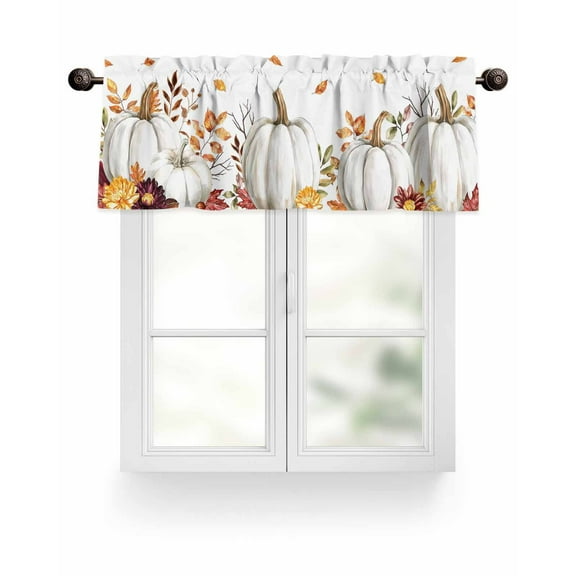 Boho Fall Thanksgiving Kitchen Valances for Windows White Floral Pumpkin Leaf Valance Curtains for Kitchen /Living Room/Bedroom/ Bathroom Decor, 54"x18 " ,Rod Pocket 1 Panel,