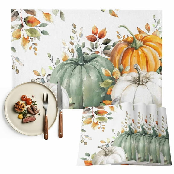 Boho Fall Thanksgiving Placemats Set of 6, Orange White Green Pumpkins Leaf Table Mats Washable Heat-Insulation Non-Slip Place Mats for Kitchen Dinner Table Indoor Outdoor Decor,13x19 Inch