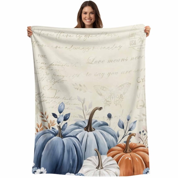 Boho Fall Thanksgiving Throw Blankets, White Blue Pumpkis Leaf Flower Soft Fleece Blanket Decorative for Home Sofa Couch Chair Living Bedroom, 50x60 inches,