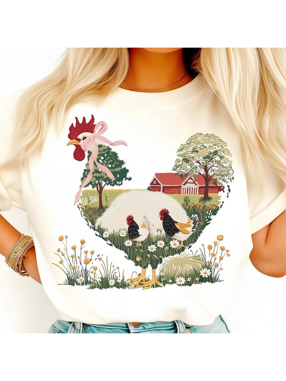 Boho Farmhouse Chicken Shirt, Vintage Rooster Shirt, Country Farm Shirt, Hen and Chicks Shirt, Embroidery Style Shirt, Rustic Farm Shirt