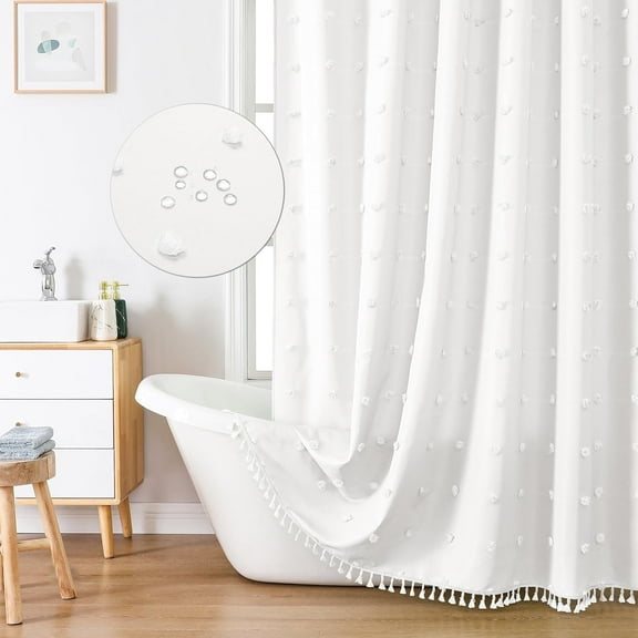Boho Farmhouse Fabric Shower Curtain, Tufted Pleat Floral Puffs Textured with Tassel Bathroom Curtain, Minimalist Cute Rustic Vintage Cloth Bath Decor with Hooks, 72x72, White