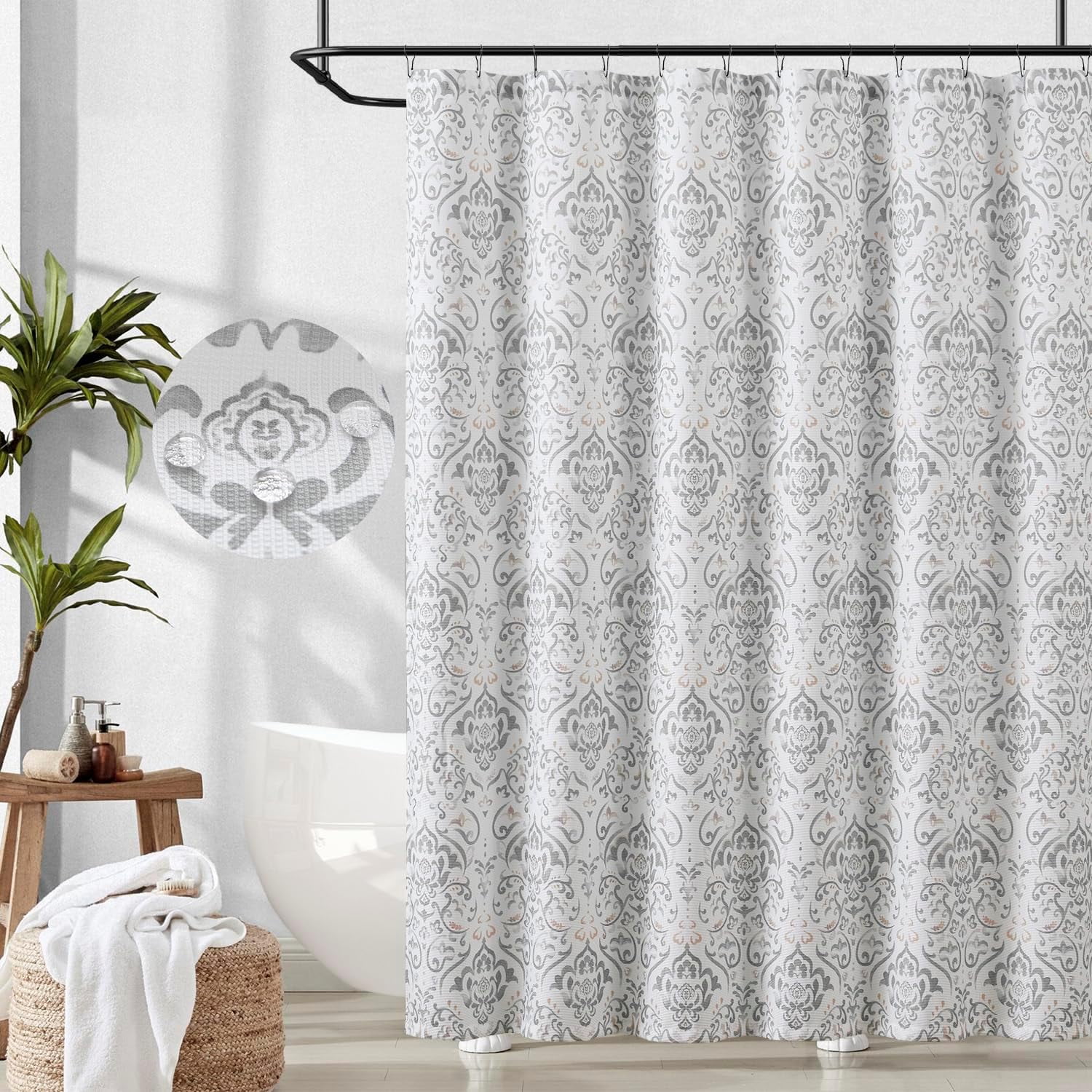 Boho Farmhouse Grey Floral Shower Curtain, Medallion Damask Shower Curtains for Bathroom, Moss Inky Retro Vintage Pattern Waterproof Fabric Shower Curtain, Bath Decor with Hooks 70x72 inches