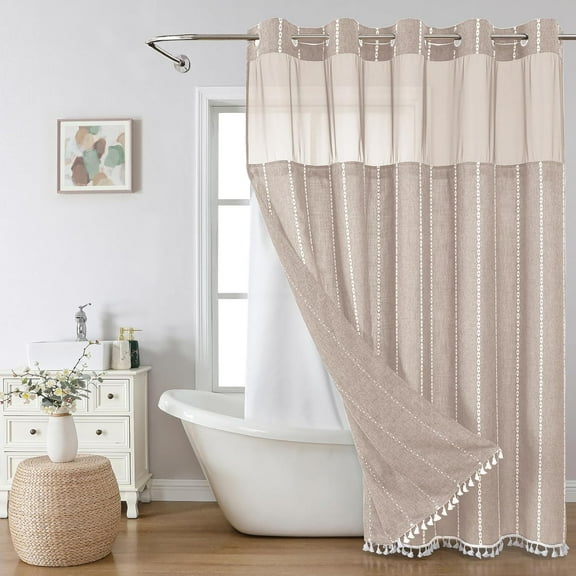 Boho Farmhouse No Hook Shower Curtain Set with Snap-in Fabric Liner,Heavy-Duty Linen Textured Rustic Striped Design,Water-Repellent with Tassels and Sheer Window,Tan/Taupe,71x74