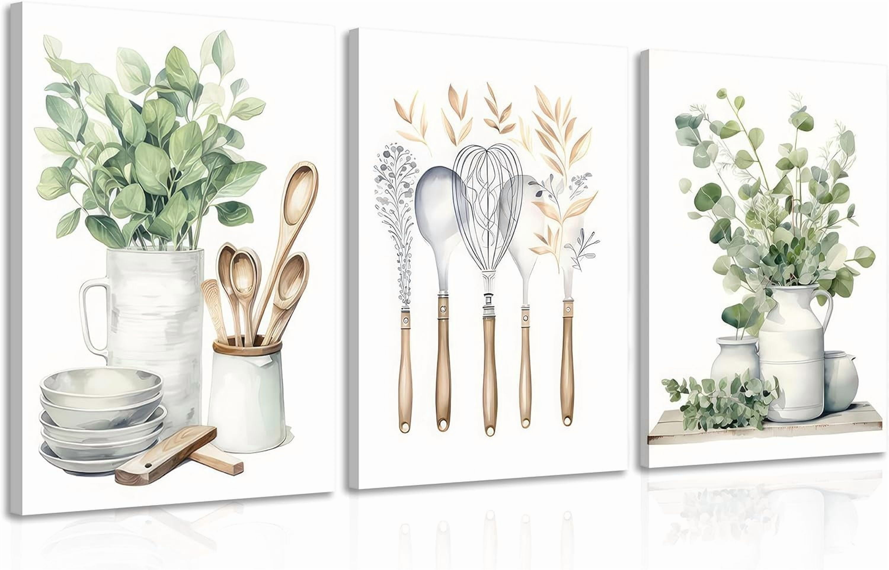 boho farmhouse kitchen decor paintings prints |... Boho Farmhouse Kitchen Canvas Wall Art Sage Green Plants Painting ...