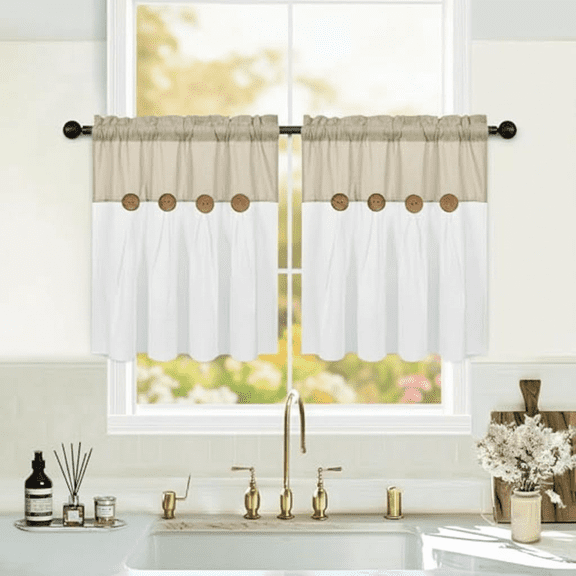 Boho Farmhouse Kitchen Curtains 24 Inch Length, Rustic Cotton Linen Tier Cafe Curtains for Small Windows with Rod Pocket, Country Style Short Drapes in Natural Linen and White, 26x24 Inches