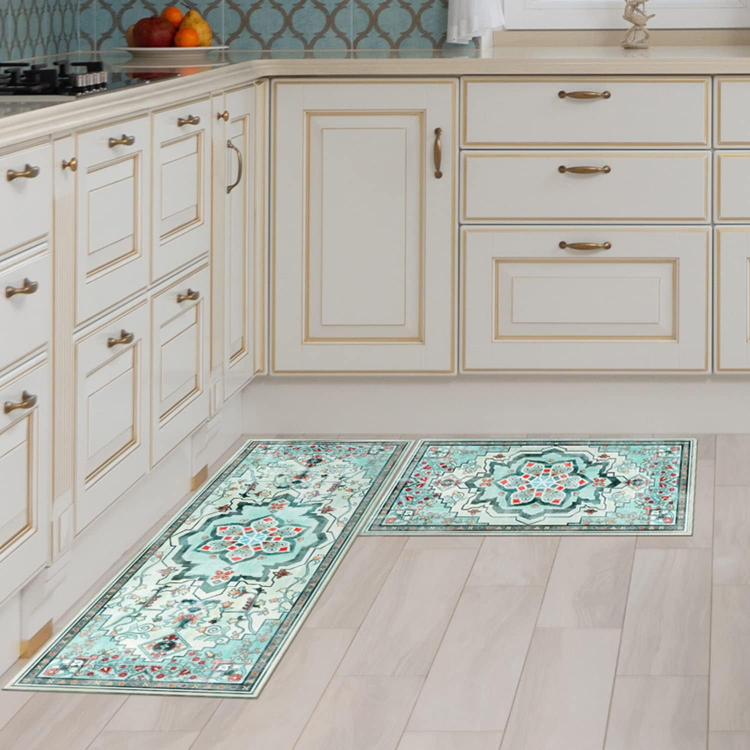 Boho Farmhouse Kitchen Rug Set - Teal Non-Skid Washable Mats for Floor ...