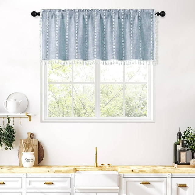 Boho Farmhouse Kitchen Valances for Windows Blue Country Valance Curtains for Living Room Bedroom Modern Rustic Cotton Linen Tassel Topper Window Curtain, 52"W x 18"L