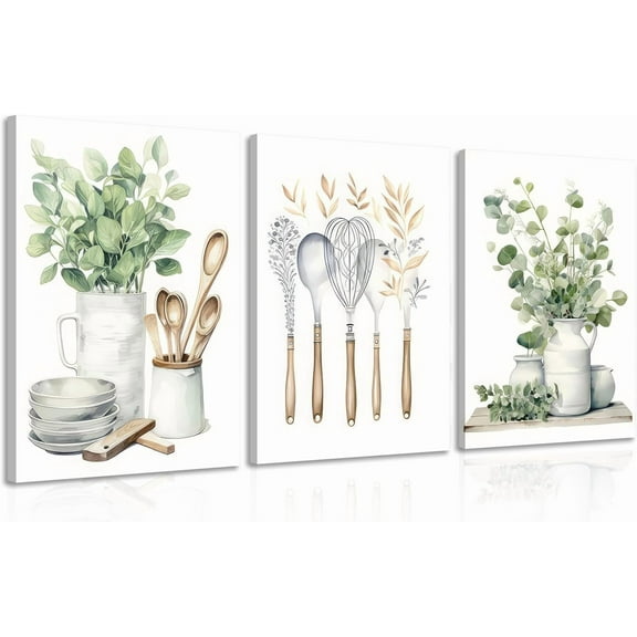 Boho Farmhouse Kitchen Wall Art Sage Green Plants Painting Pictures Dining Room Wall Decor Eucalyptus Leaves Green Botanical Poster Print Artwork for Farmhouse Kitchen Home Decor Unframed