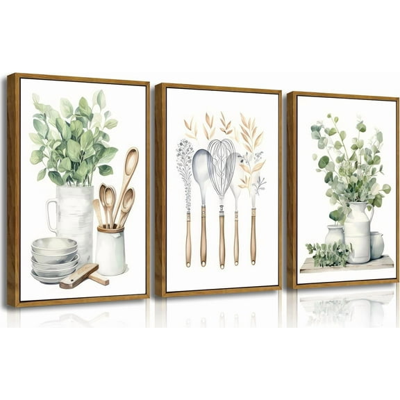 Boho Farmhouse Kitchen Wall Art Sage Green Plants Painting Pictures Dining Room Wall Decor Eucalyptus Leaves Green Botanical Poster Print Artwork for Farmhouse Kitchen Home Decor Unframed