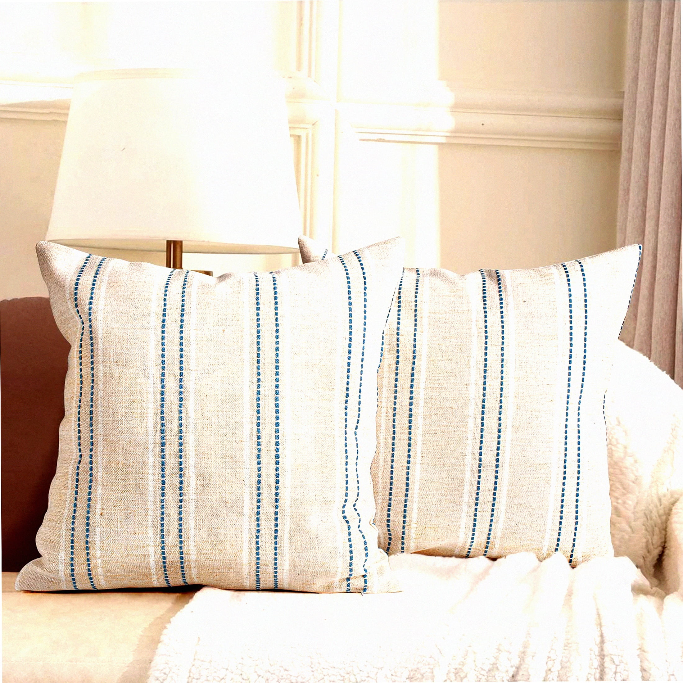 Beige and Navy Blue Farmhouse Stripe 18" Pillow Covers Set