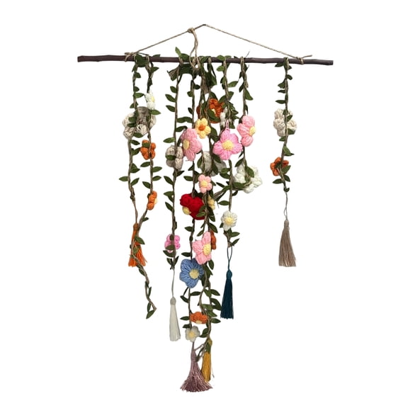 Boho Farmhouse Macrame Wall Art Ornament, Handmade Cotton Floral Crochet Hanging Decor, Layered Motifs Cascading Fringe, Ready to Hang Artisan Decor for Living Room Bedroom Studio Cafe