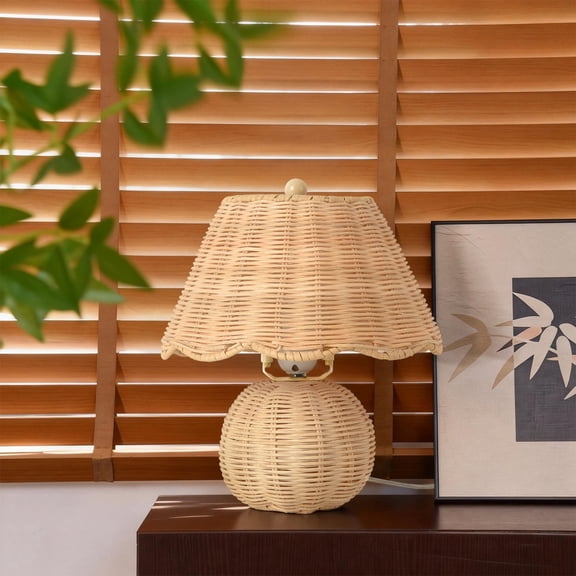 Boho Farmhouse Mini Wicker Nightstand Lamp, Small Table Lamp with Wicker Shade for Bedroom, Dorm, Kitchen Counter & Office Use