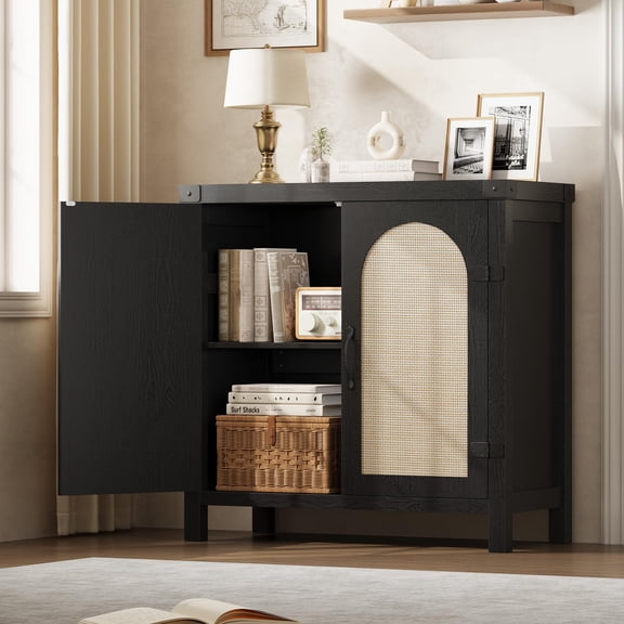 Boho Farmhouse Rattan Sideboard Buffet Cabinet with Storage - Wooden Accent Cabinet with Drawer - Spacious Entryway Organizer for Kitchen, Dining, Living Room, Hallway - Black