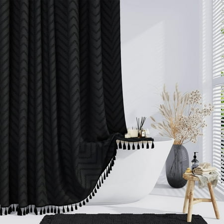 Boho Farmhouse Fabric Shower Curtain Tufted Chevron 72"x72" Black