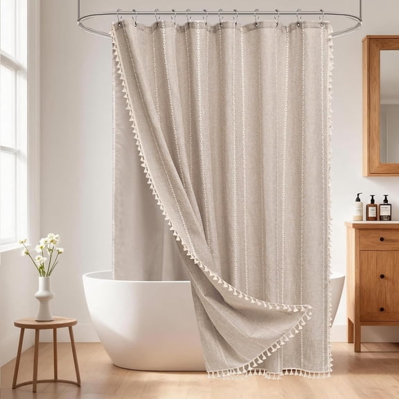Boho Farmhouse Shower Curtain and Fabric Liner Set, Heavyweight Linen Textured Fabric Shower Curtain Taupe with Tassels, 2 in 1 Waterproof Fabric Shower Curtain Set for Bathroom, 72x72 Inch