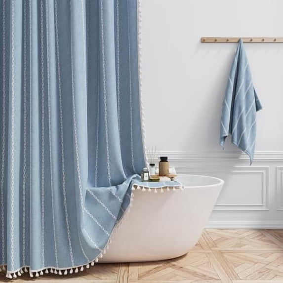 Boho Farmhouse Shower Curtain - Linen Rustic Heavy Duty Striped Fabric Shower Curtain Set, Bohemian Vintage Country Cloth Shower Curtains for Bathroom, Blue, 72" W x 96" L (Pack of 1)