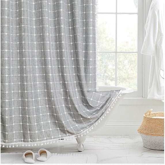 Boho Farmhouse Shower Curtain, Linen Rustic Weighted Striped Cloth Shower Curtain Set with Tassel, Water Repellent Vintage Country Fabric Shower Curtain for Bathroom