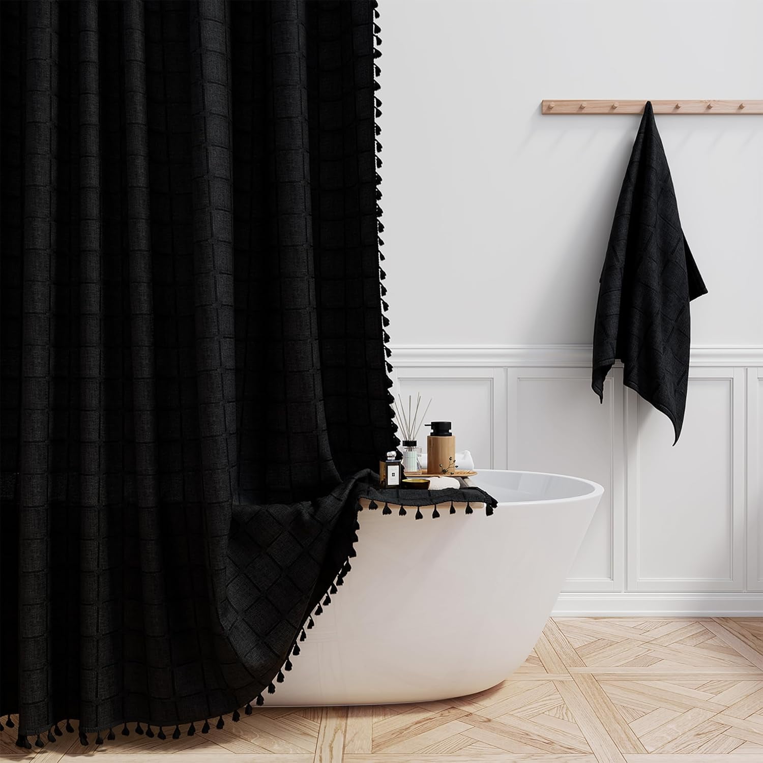 Boho Farmhouse Shower Curtain Set with Tassel - Linen Rustic Heavy Duty Fabric, Water Repellent, Modern Bohemian French Country Thick Bathroom Shower Curtains - Cream/Beige, 72x72