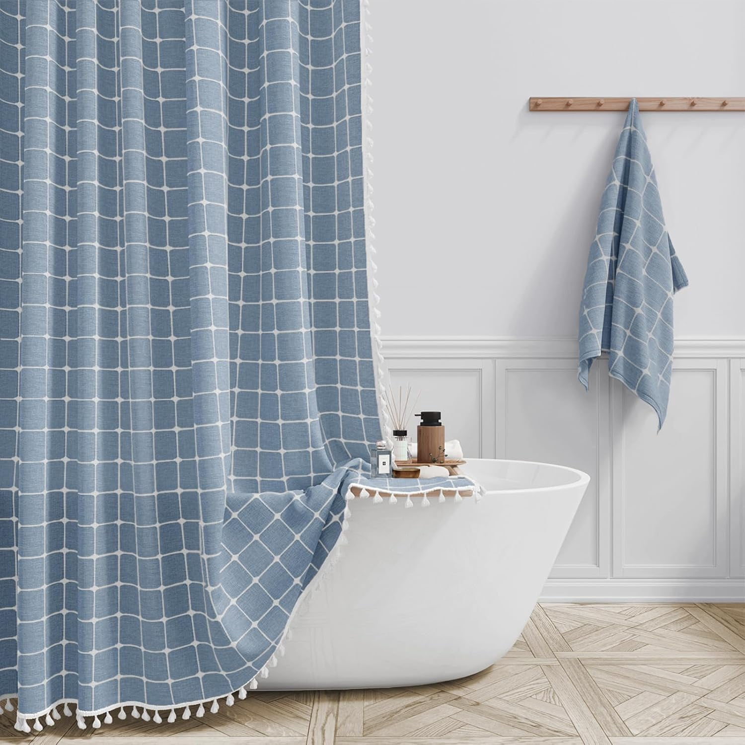Boho Farmhouse Shower Curtain Set with Tassel - Linen Rustic Heavy Duty Fabric, Water Repellent, Modern Bohemian French Country Thick Bathroom Shower Curtains - Cream/Beige, 72x72
