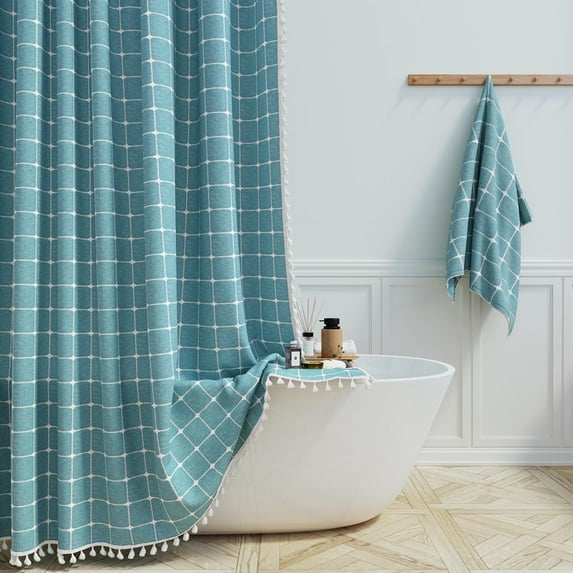 Boho Farmhouse Shower Curtain Set with Tassel - Linen Rustic Heavy Duty Fabric, Water Repellent, Modern Bohemian French Country Thick Bathroom Shower Curtains - Cream/Beige, 72x72