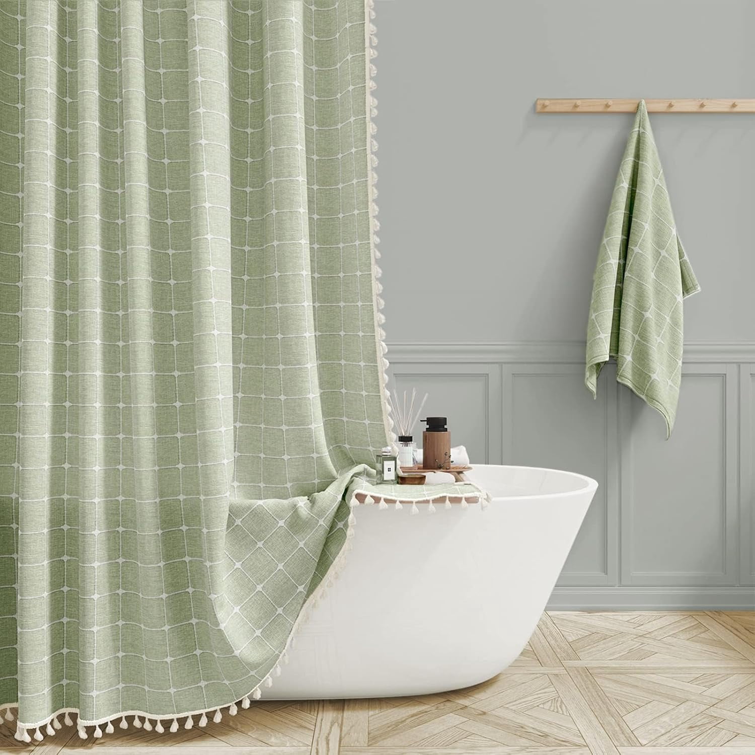 Boho Farmhouse Shower Curtain Set with Tassel - Linen Rustic Heavy Duty Fabric, Water Repellent, Modern Bohemian French Country Thick Bathroom Shower Curtains - Cream/Beige, 72x72