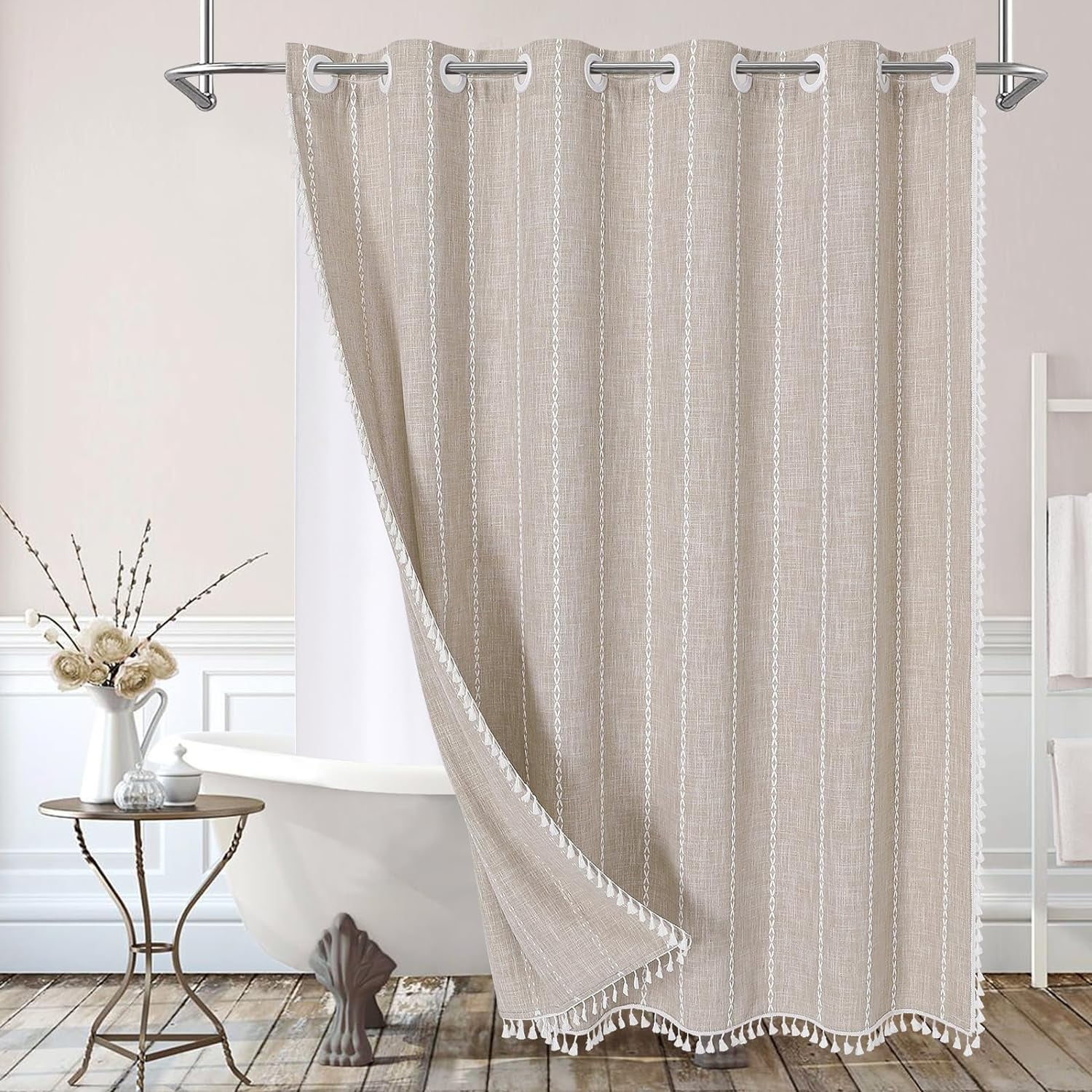 Boho Farmhouse Shower Curtain with Snap-in Liner, No Hooks Required, Taupe Cotton Linen Fabric ...