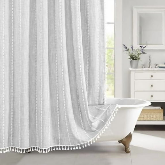 Boho Farmhouse Shower Curtains for Modern Farmhouse Bathroom Decor, Grey Country Thick Polyester Linen Fabric Shower Curtain, Rustic Tassel Cloth Shower Curtain, 72 x 72, Light Grey