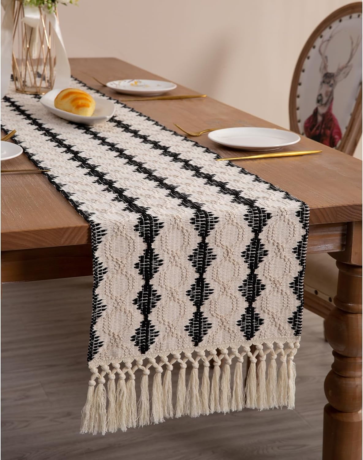 Boho Farmhouse Table Runner - 90 Inches Long Braided Stripe Boho Farmhouse Table Runner - 90 Inches Long Braided Stripe