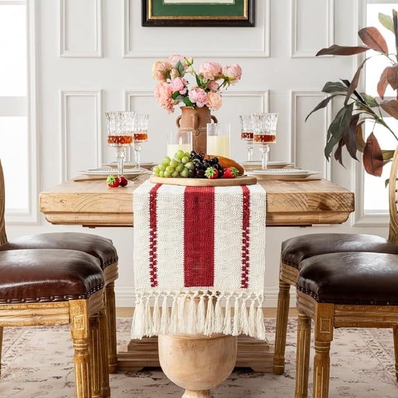 Boho Farmhouse Table Runner with Tassels, 70 Inches Long Macrame Woven Decor, Rustic Table Cover for Dining Room, Fall Wedding, and Home, 11x70 Inches