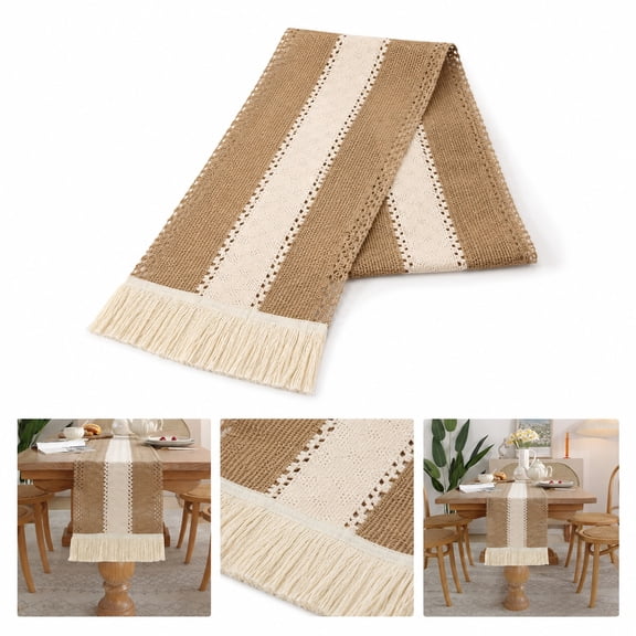 Boho Farmhouse Table Runner, Woven Burlap and Lace Table Decor with Tassel Fringe, Rustic Dining Table Runner for Kitchen, Coffee Table, Party and Holiday, Beige Brown