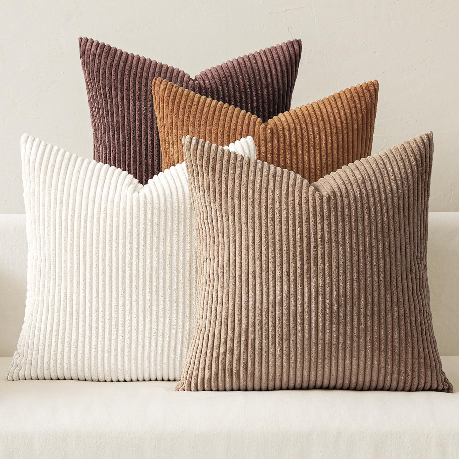 Boho Farmhouse Throw Pillow Covers 18x18 Inch Set Of 4 Rustic Mordern Neutral Cushion Soft Corduroy Nordic Home Decor For Couch Bed Sofa Living Room Brown