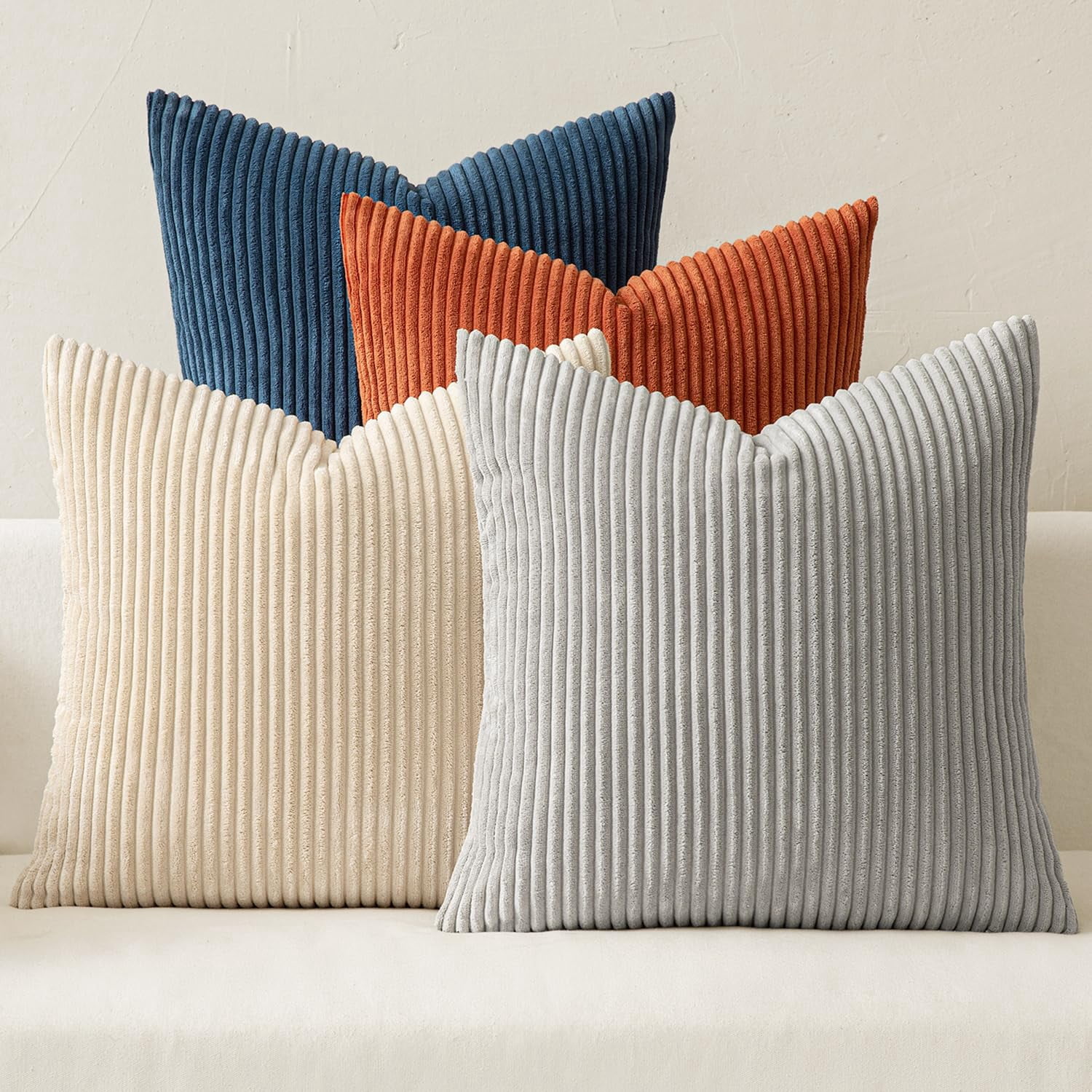 Boho Farmhouse Throw Pillow Covers 18x18 Inch Set Of 4 Summer Mordern Neutral Cushion Soft Corduroy Nordic Home Decor For Couch Bed Sofa Living Room Blue-yellow