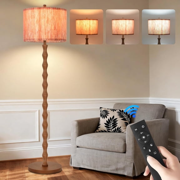 Boho Farmhouse Wood Floor Lamp, Dimmable Mid‑Century Modern Standing Lamp with Remote & 3 Color Temperatures for Bedroom Corner