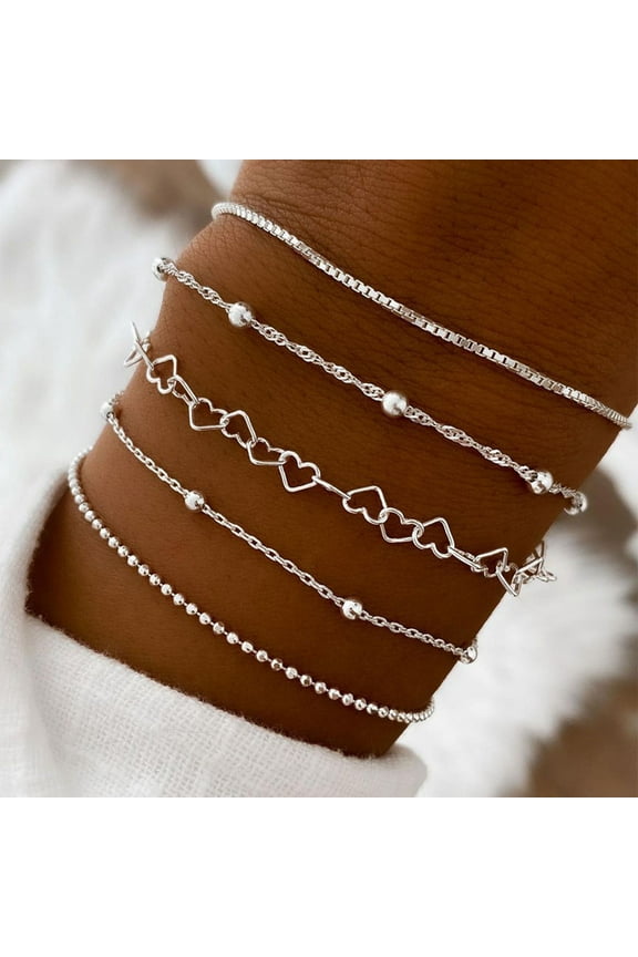 Boho Fashion Dainty Boho Gold Silver Chain Stackable Lock Bracelets Set for Women Adjustable Beaded Chunky Flat Cable Chain Punk Bracelets Jewelry for Women Gift Set of 5