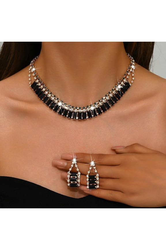 Boho Fashion Prom Shinny Black Rhinestones Choker Necklace Earrings Set Dainty Layered Sexy Choker Necklace Gold Black Halloween Christmas Necklace for Women