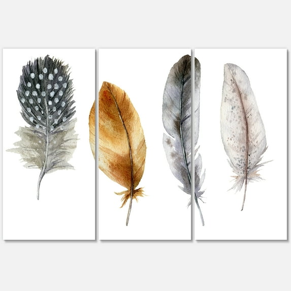 Boho Feather In Blue and Orange Striped & Polka Dost 28 in x 36 in Painting Canvas Art Print, by Designart