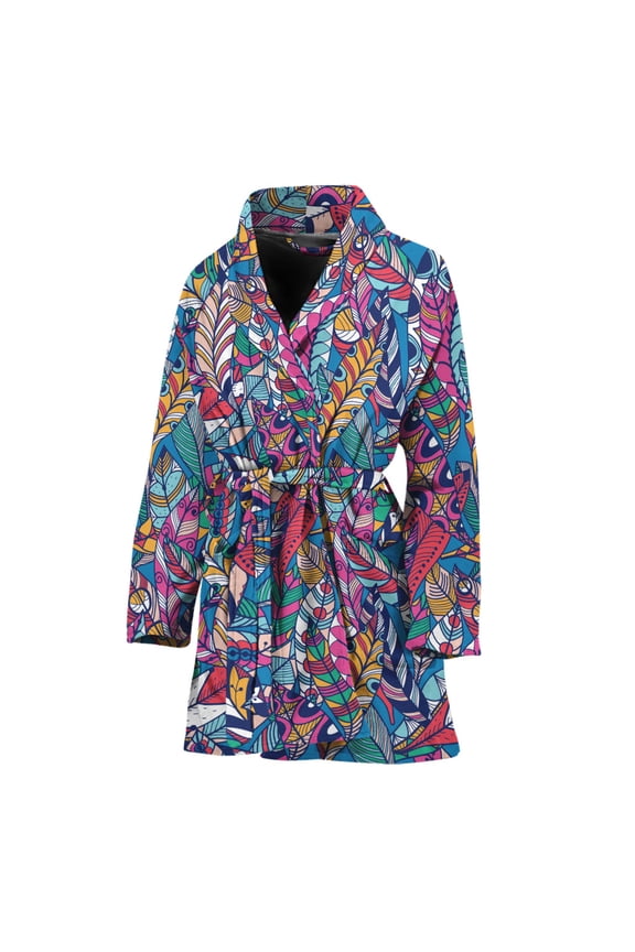 Boho Feather Pattern Women Bathrobe One Size Univeral Fits, Bohemian Mandala Yoga Boho Fashion Lightweight Plush Fleece Long Robe For Women