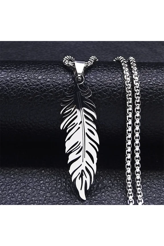 Boho Feather Pendant Male Necklace for Women Men14K White Gold Silver Color Leaf Chain Jewelry Gift collar hombre