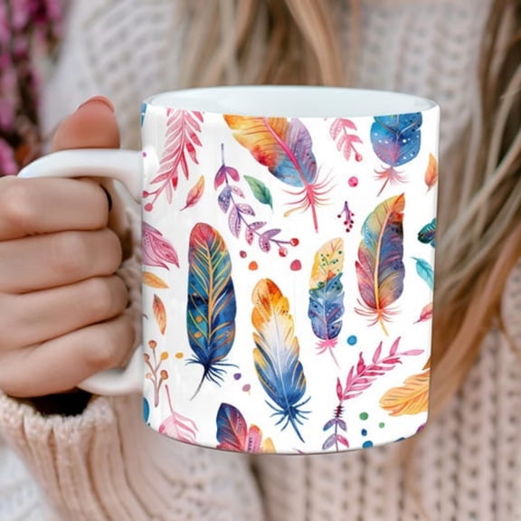 Boho Feathers Ceramic Mug, Colorful Bird Tea Cup, Nature Lover Gift, Bohemian theme, Coffee Lover Coffee Shop Mug, Tropil Theme Mug.