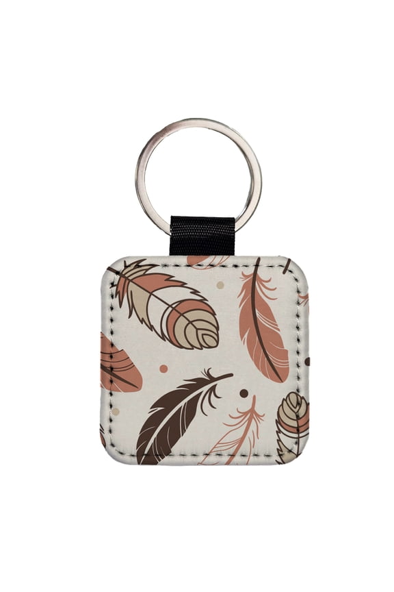 Boho Feathers Faux Leather Square Keychain